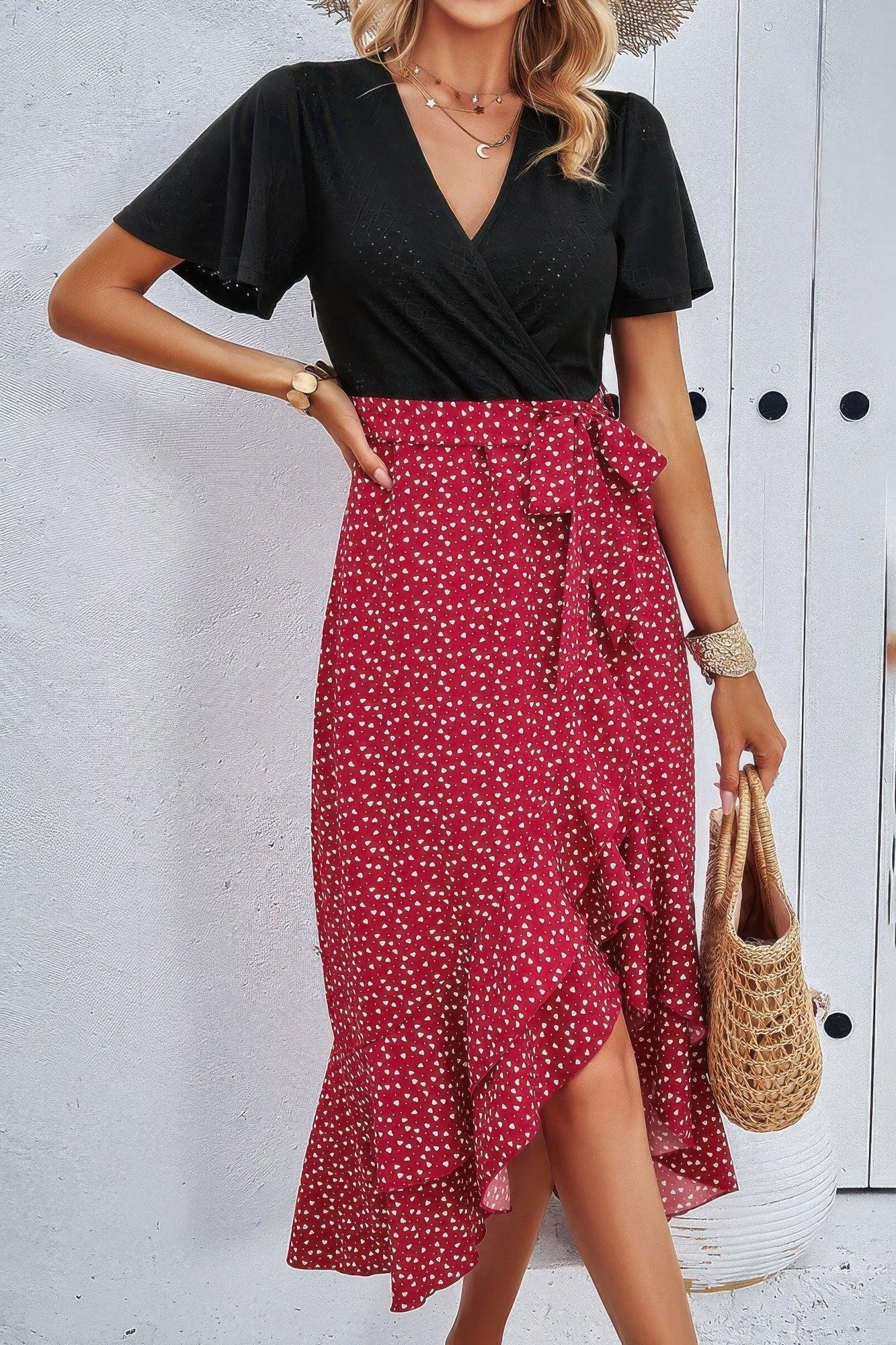 Cross Color Block Lace V Neck Belt Print Dress | Mixtshop LLC