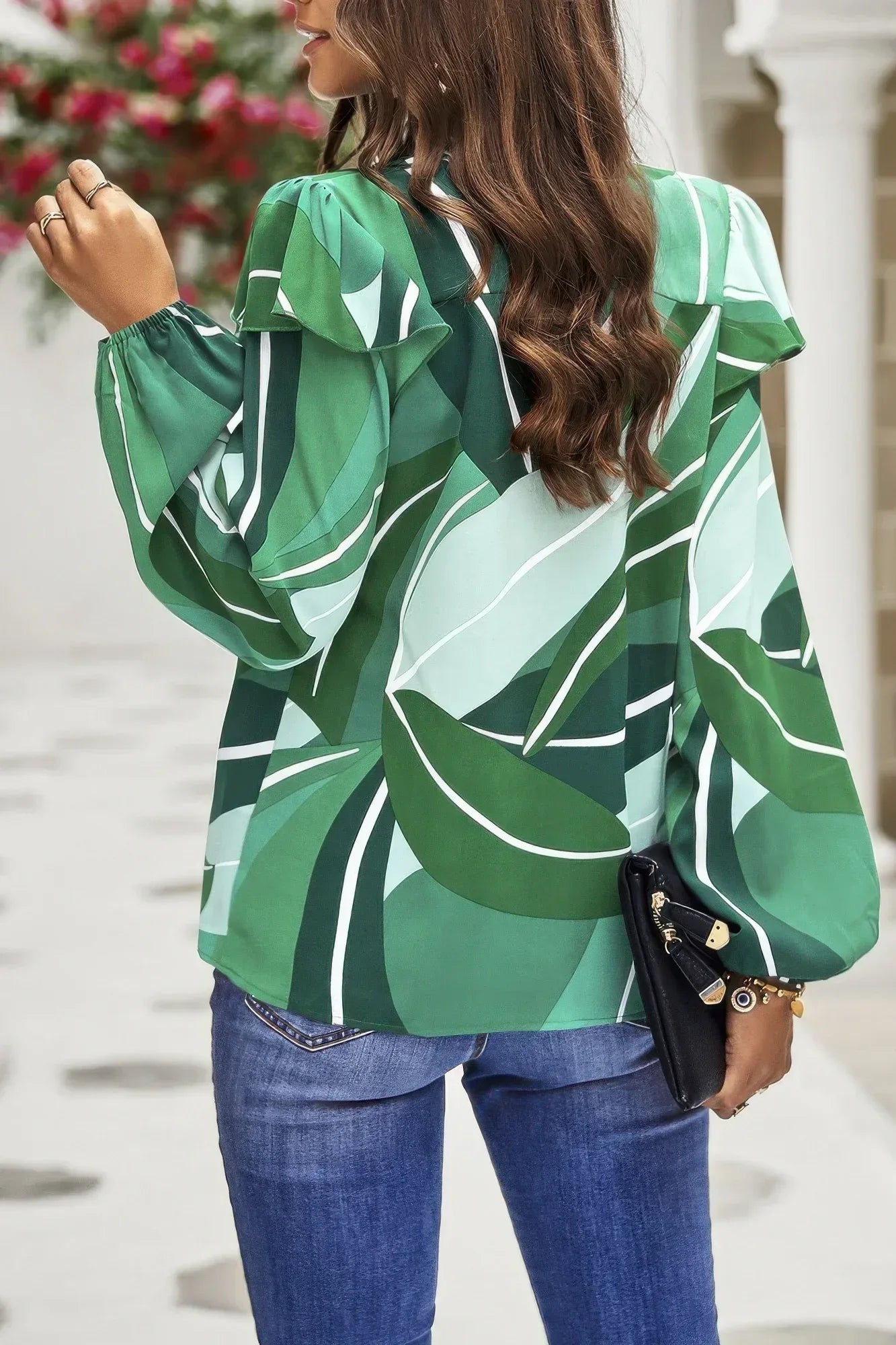 Floral V Neck Button Ruffle Long Sleeve Top | Mixtshop LLC
