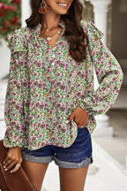 Floral V Neck Button Ruffle Long Sleeve Top | Mixtshop LLC