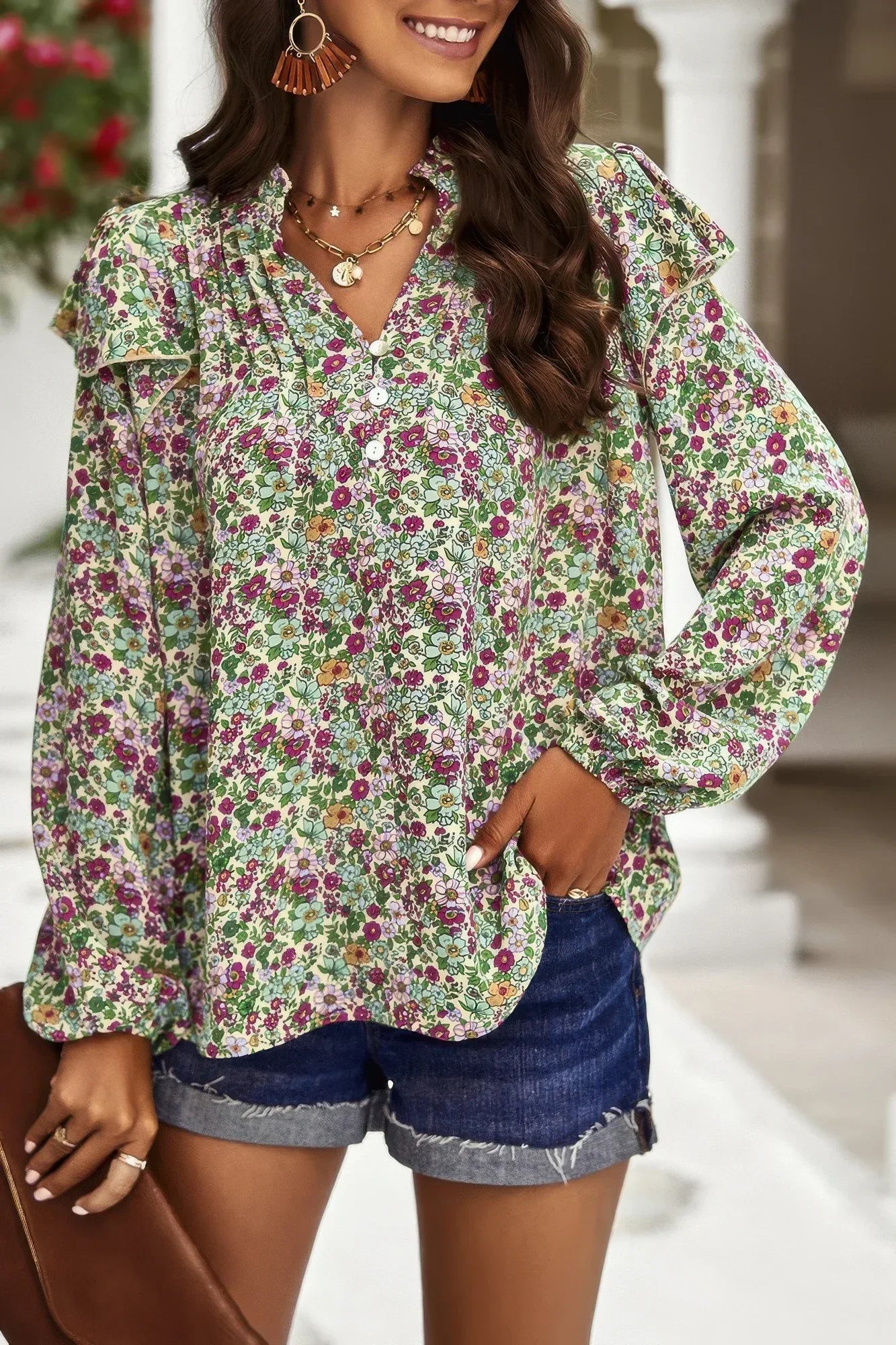 Floral V Neck Button Ruffle Long Sleeve Top | Mixtshop LLC