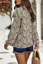 Floral V Neck Button Ruffle Long Sleeve Top | Mixtshop LLC