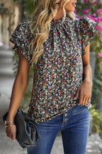 Floral Mock Neck Ruffle Short Sleeve Shirt | Mixtshop LLC