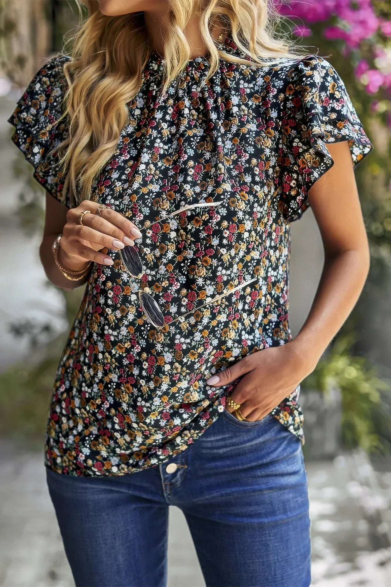 Floral Mock Neck Ruffle Short Sleeve Shirt Secondary image