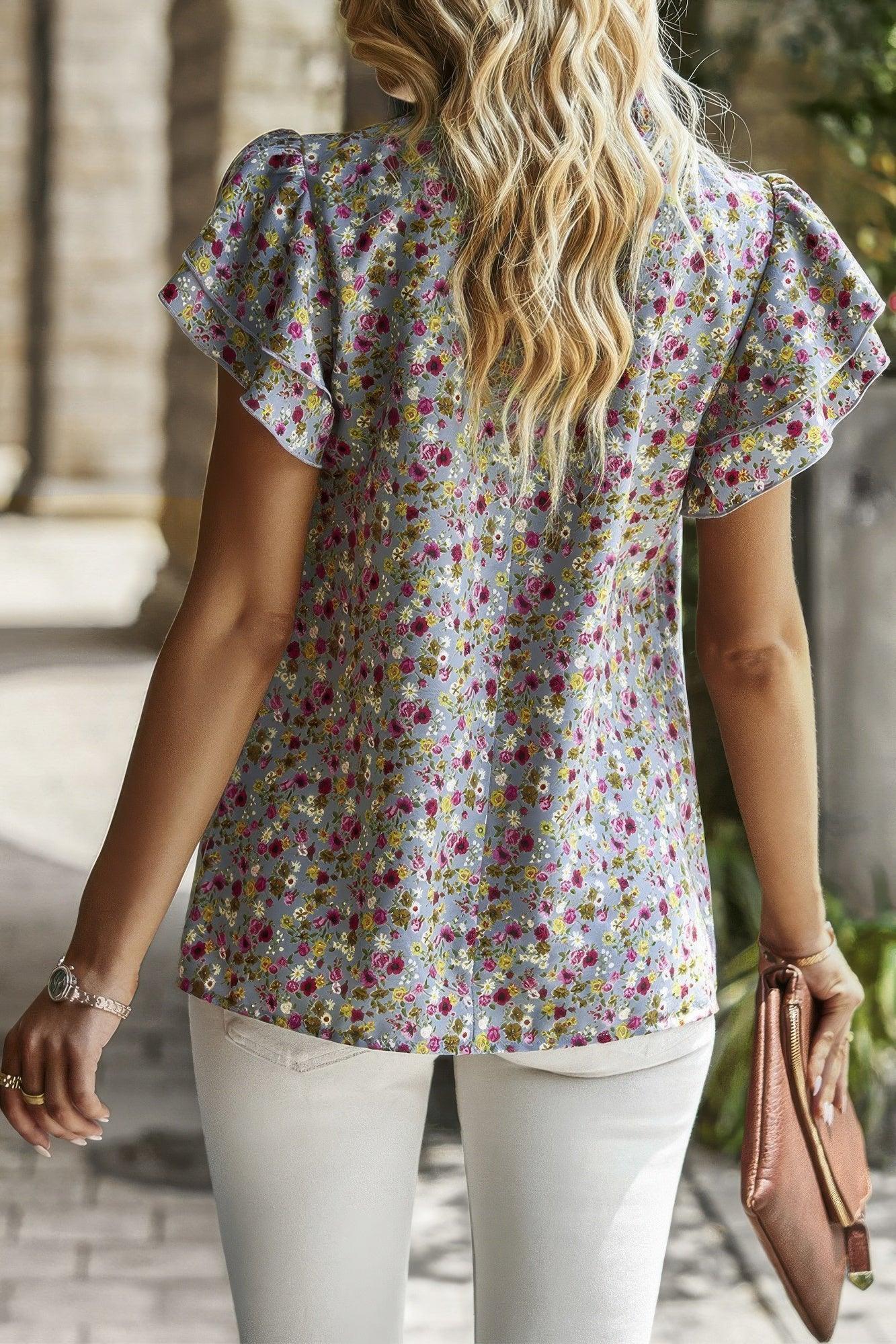 Floral Mock Neck Ruffle Short Sleeve Shirt | Mixtshop LLC