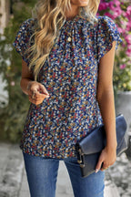 Floral Mock Neck Ruffle Short Sleeve Shirt | Mixtshop LLC