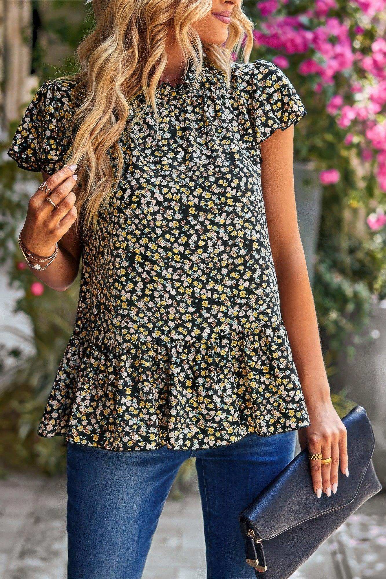 Ruffle Frill Trim Mock Neck Short Sleeve Shirt | Mixtshop LLC Main image