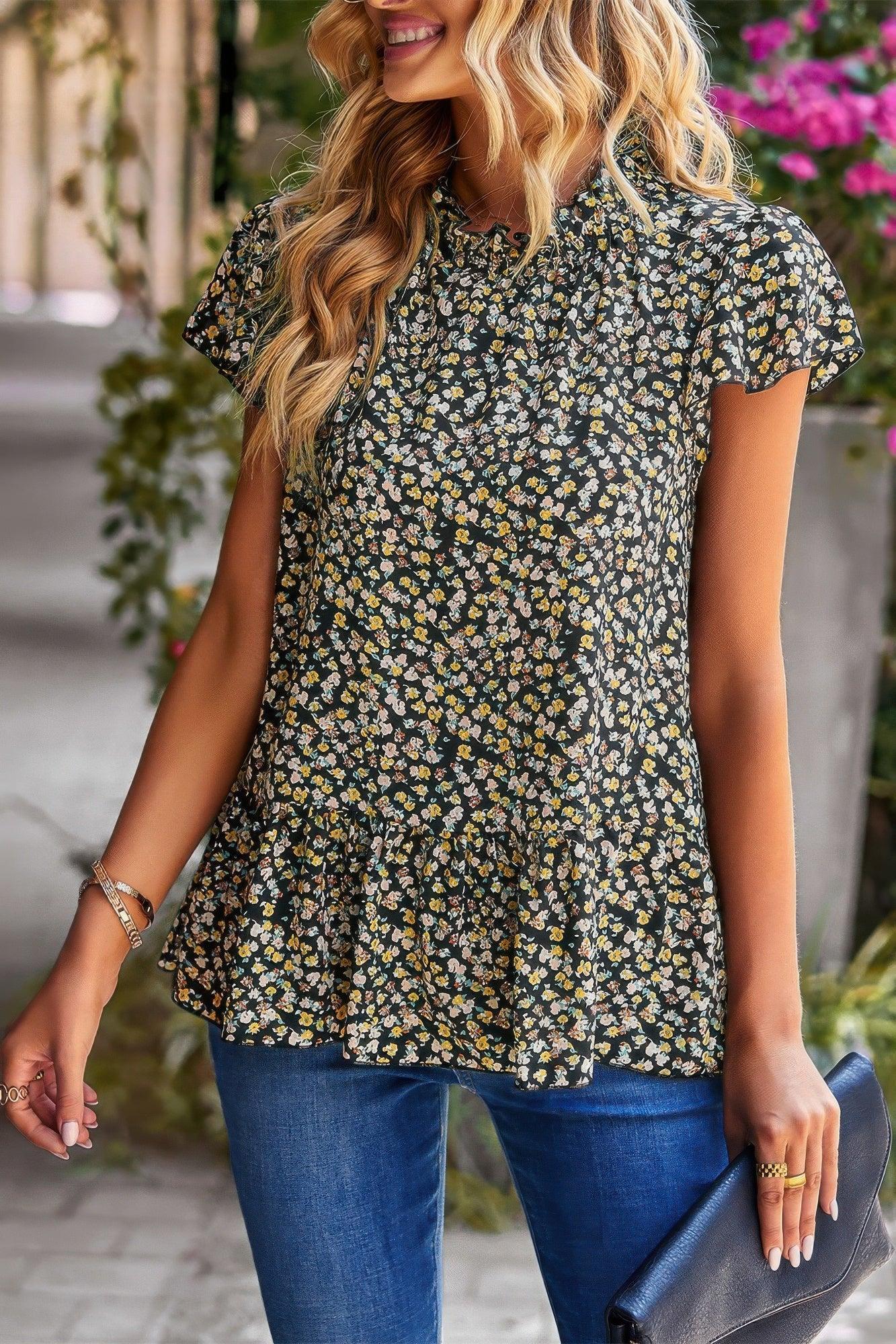 Ruffle Frill Trim Mock Neck Short Sleeve Shirt Secondary image