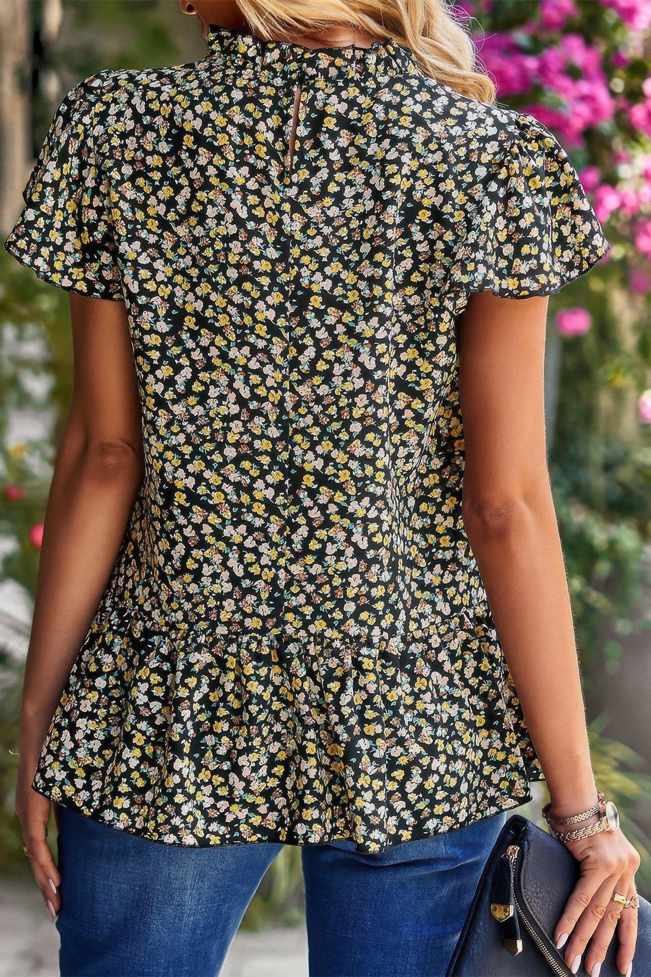 Ruffle Frill Trim Mock Neck Short Sleeve Shirt | Mixtshop LLC