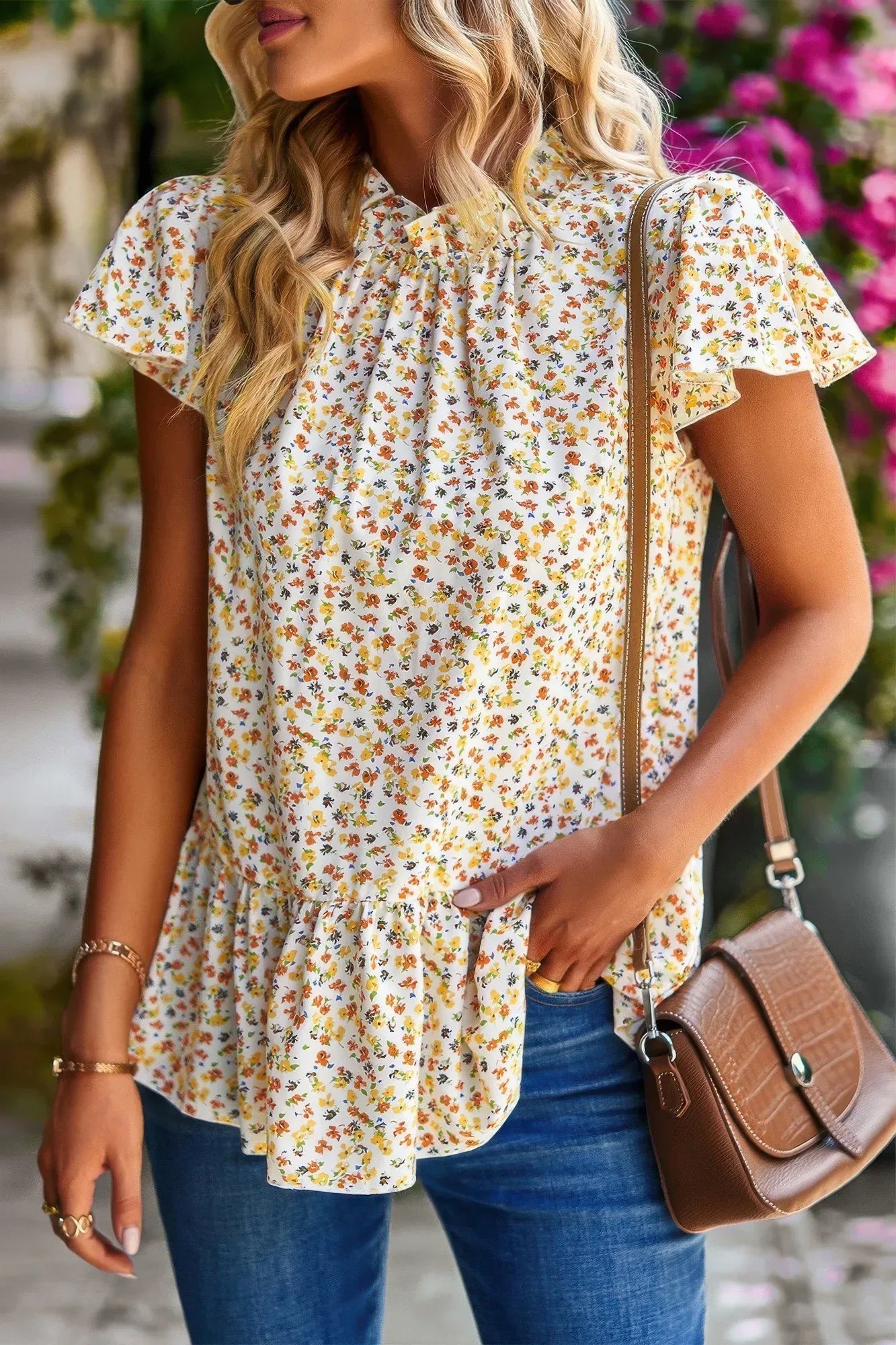 Ruffle Frill Trim Mock Neck Short Sleeve Shirt | Mixtshop LLC