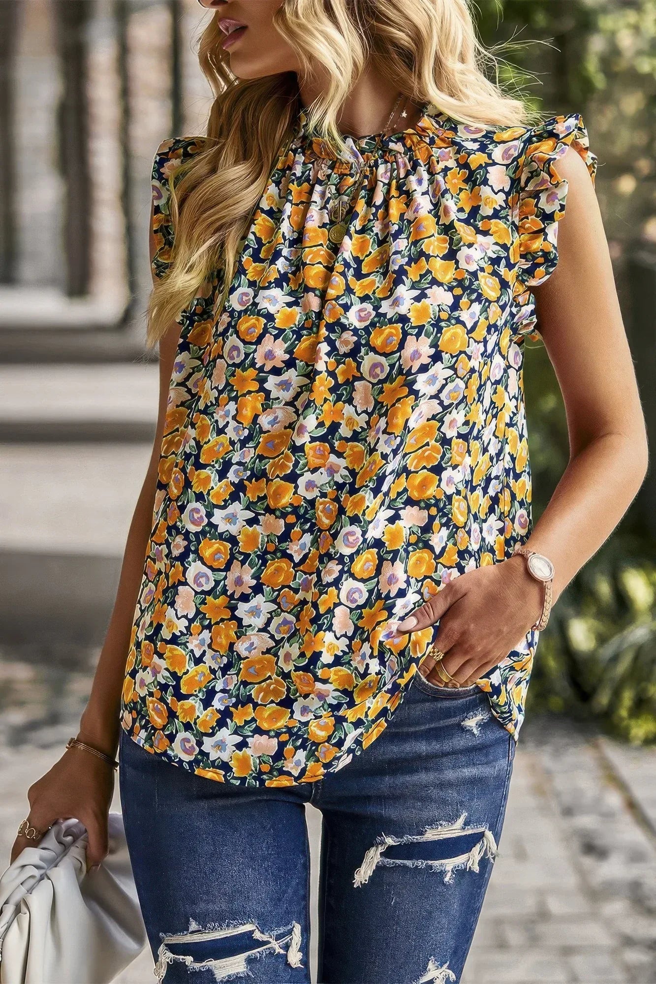 Boho Floral Sleeveless Loose Fit Collar Top | Mixtshop LLC Main image