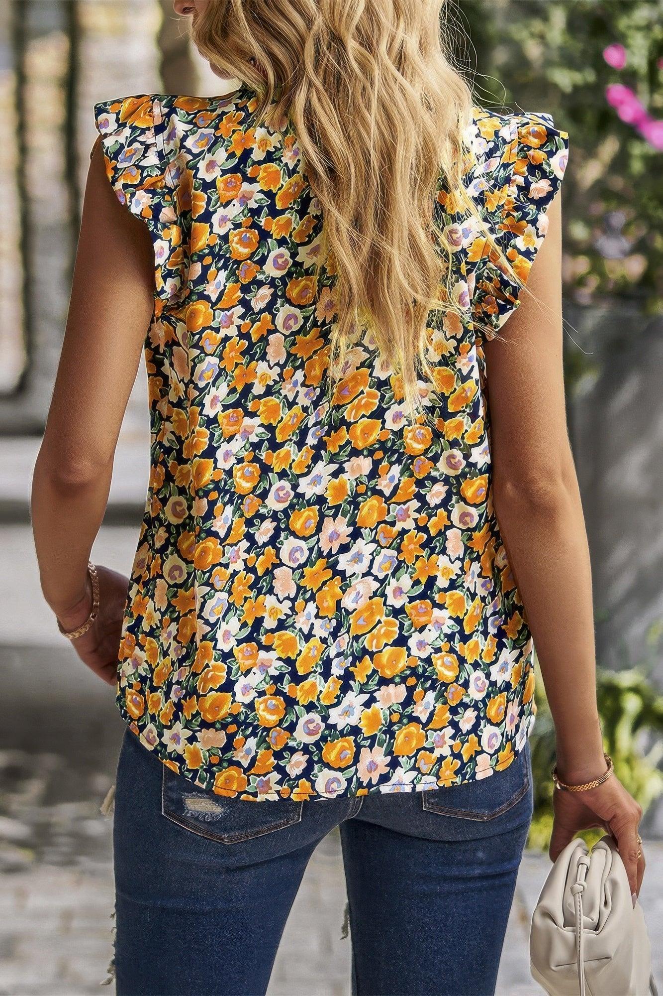 Boho Floral Sleeveless Loose Fit Collar Top | Mixtshop LLC