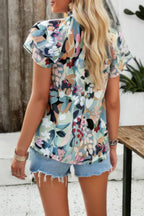 Floral Printed Mock Neck Ruffle Sleeve Loose Blouse | Mixtshop LLC