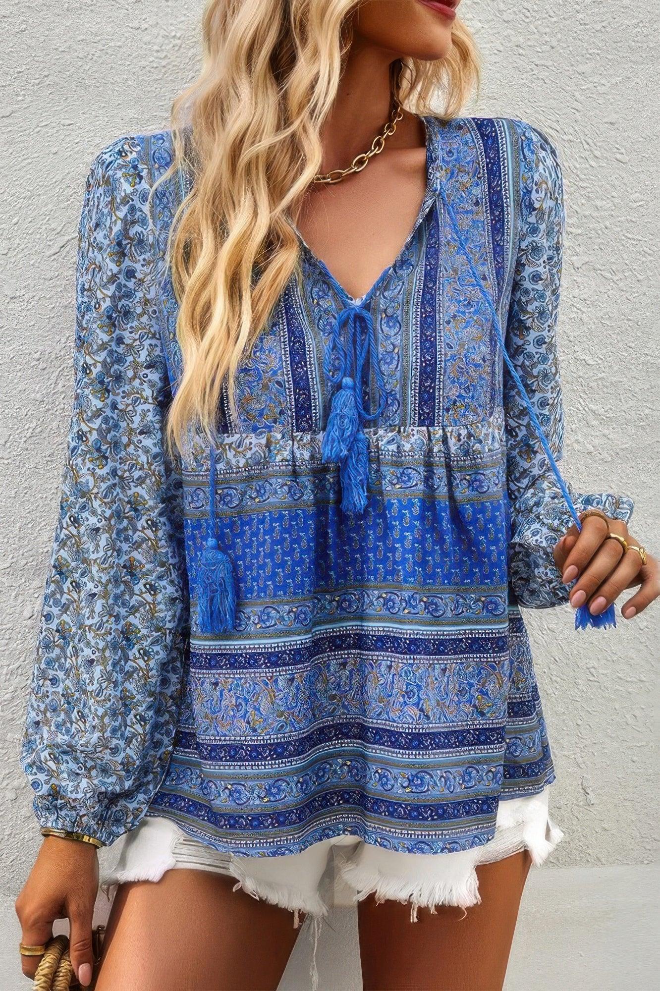 Tie Neck Boho Floral Tunics Long Sleeve Shirt | Mixtshop LLC Main image