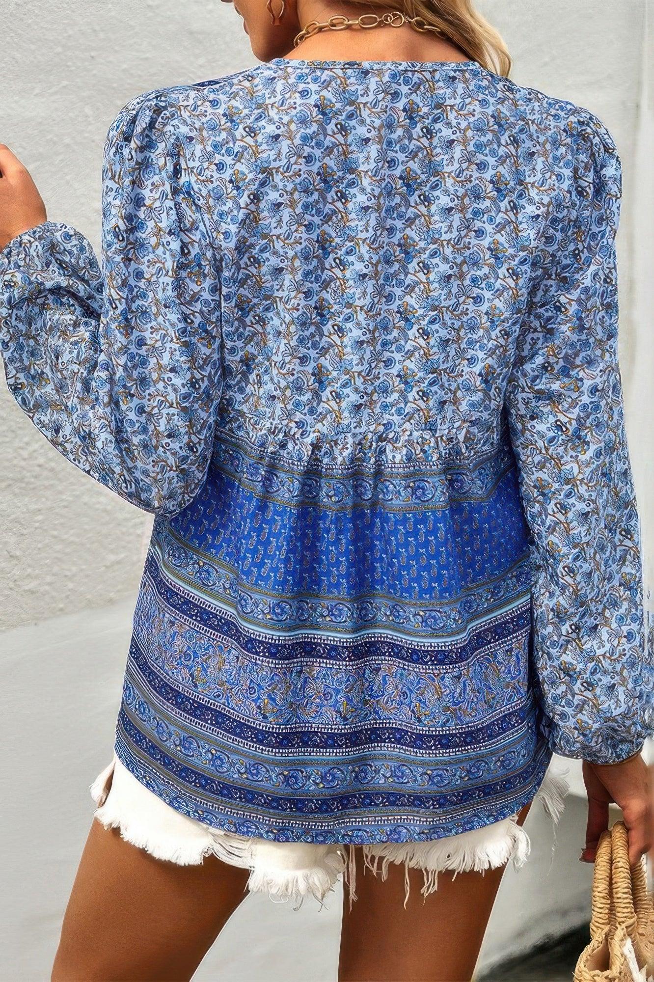 Tie Neck Boho Floral Tunics Long Sleeve Shirt Secondary image
