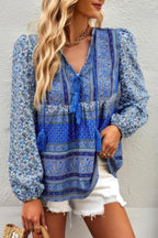 Tie Neck Boho Floral Tunics Long Sleeve Shirt | Mixtshop LLC