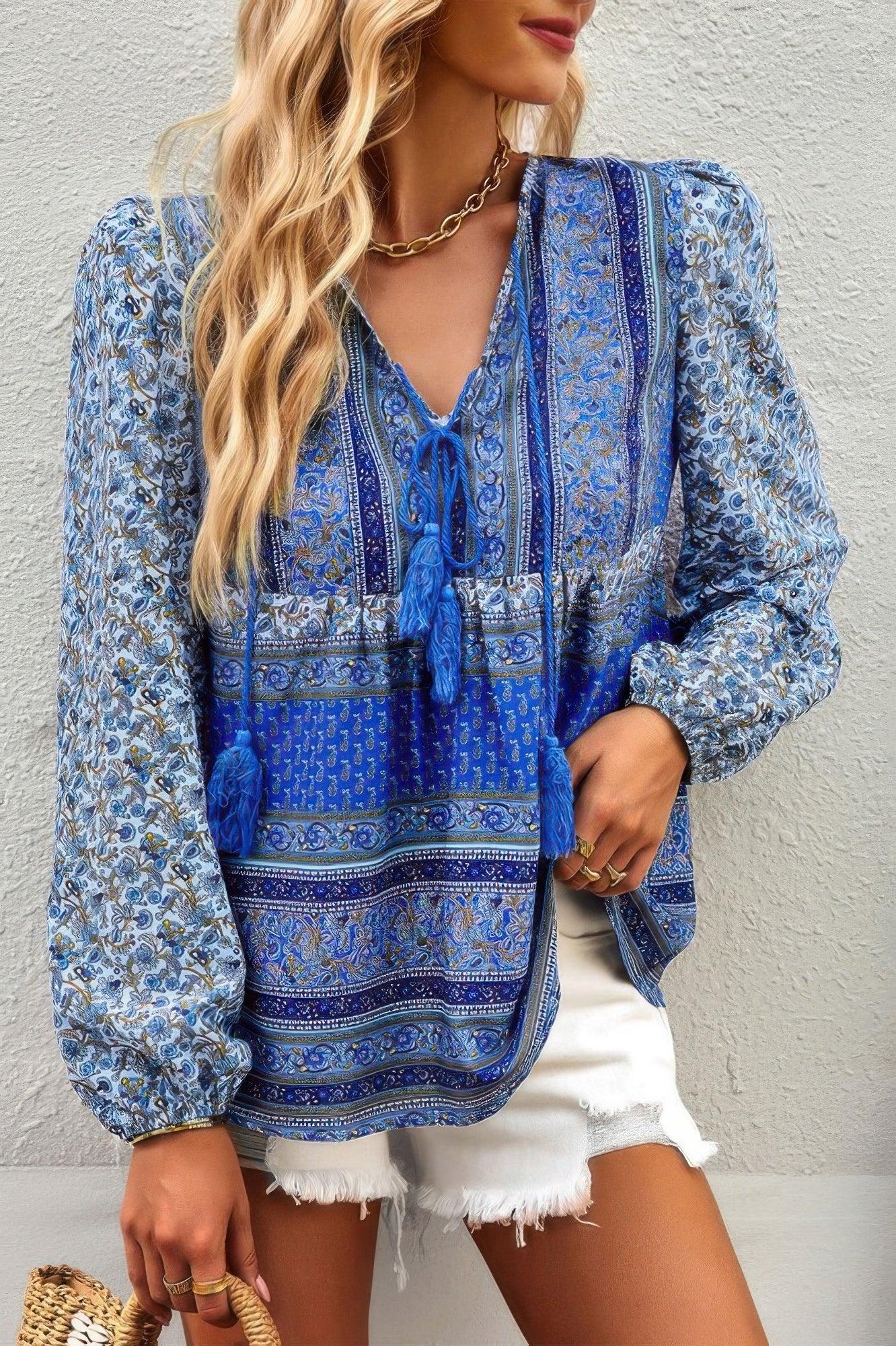 Tie Neck Boho Floral Tunics Long Sleeve Shirt | Mixtshop LLC