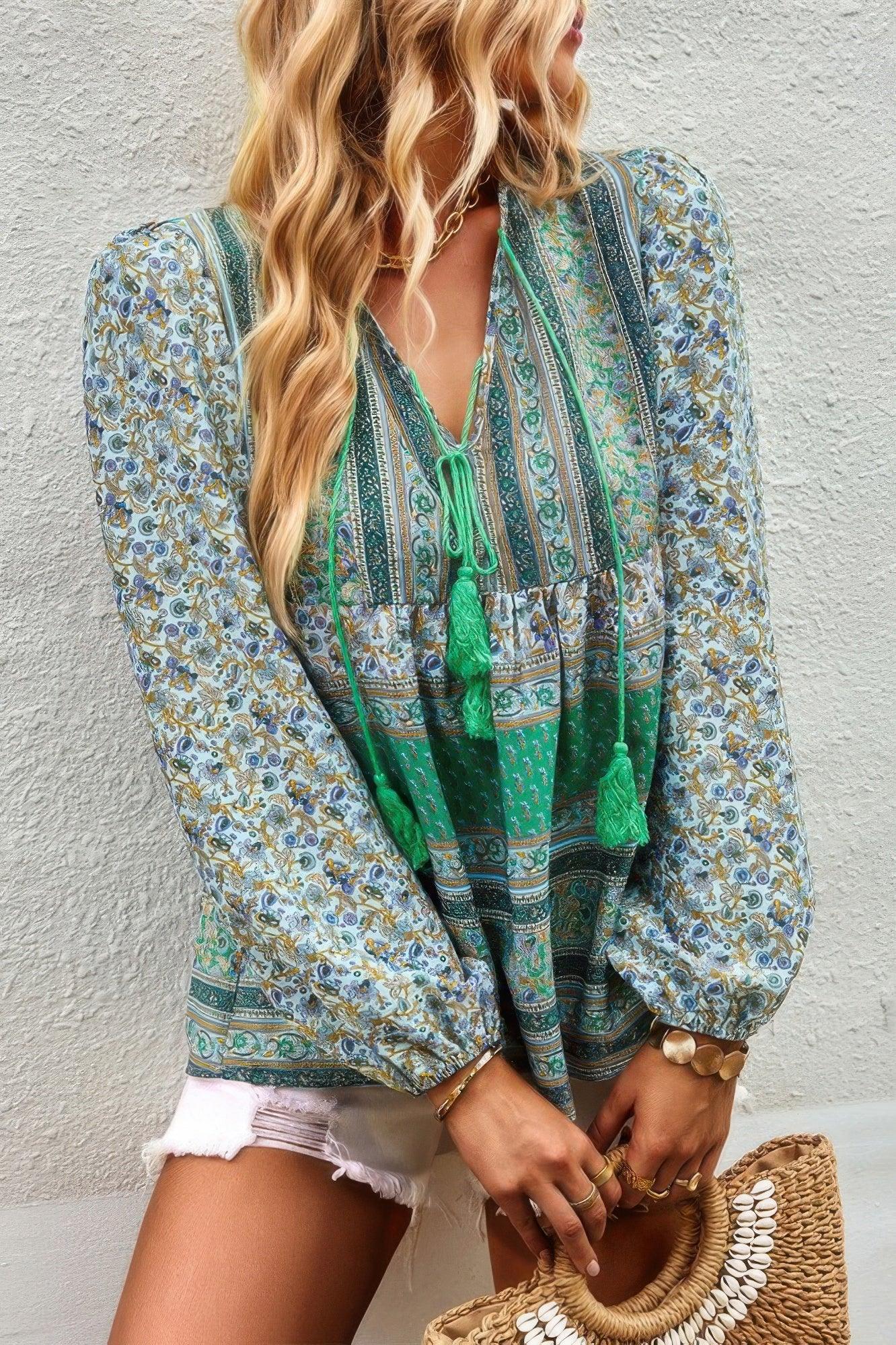 Tie Neck Boho Floral Tunics Long Sleeve Shirt | Mixtshop LLC