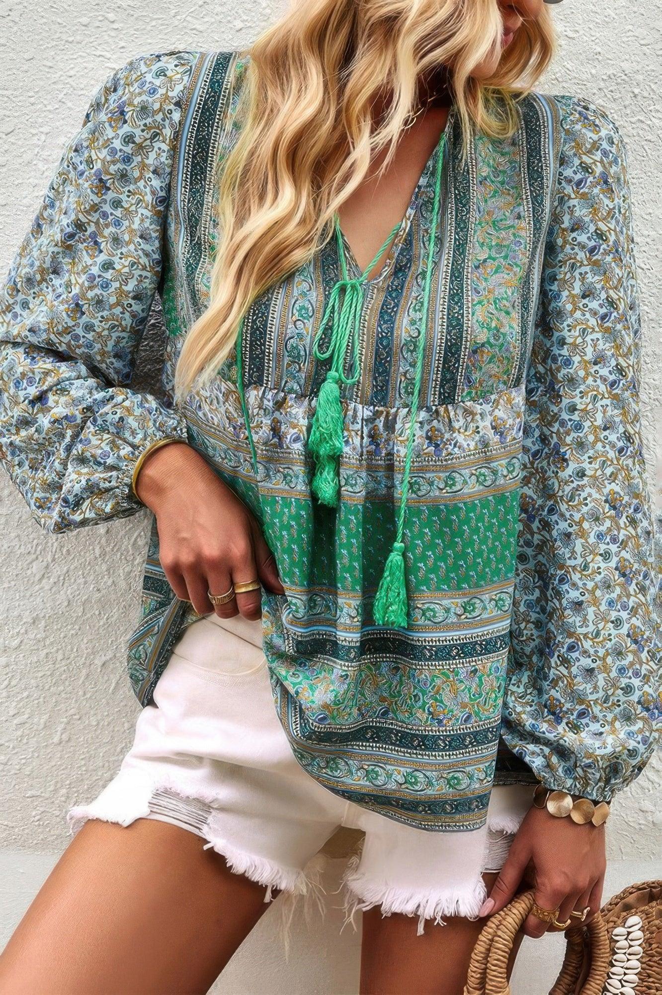 Tie Neck Boho Floral Tunics Long Sleeve Shirt | Mixtshop LLC