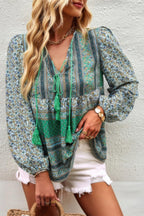 Tie Neck Boho Floral Tunics Long Sleeve Shirt | Mixtshop LLC