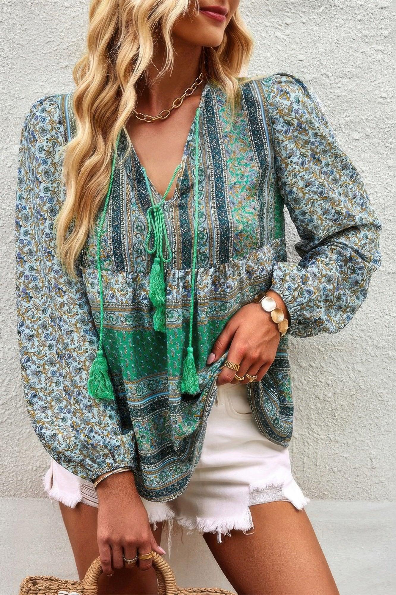 Tie Neck Boho Floral Tunics Long Sleeve Shirt | Mixtshop LLC