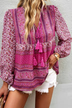 Tie Neck Boho Floral Tunics Long Sleeve Shirt | Mixtshop LLC