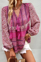 Tie Neck Boho Floral Tunics Long Sleeve Shirt | Mixtshop LLC