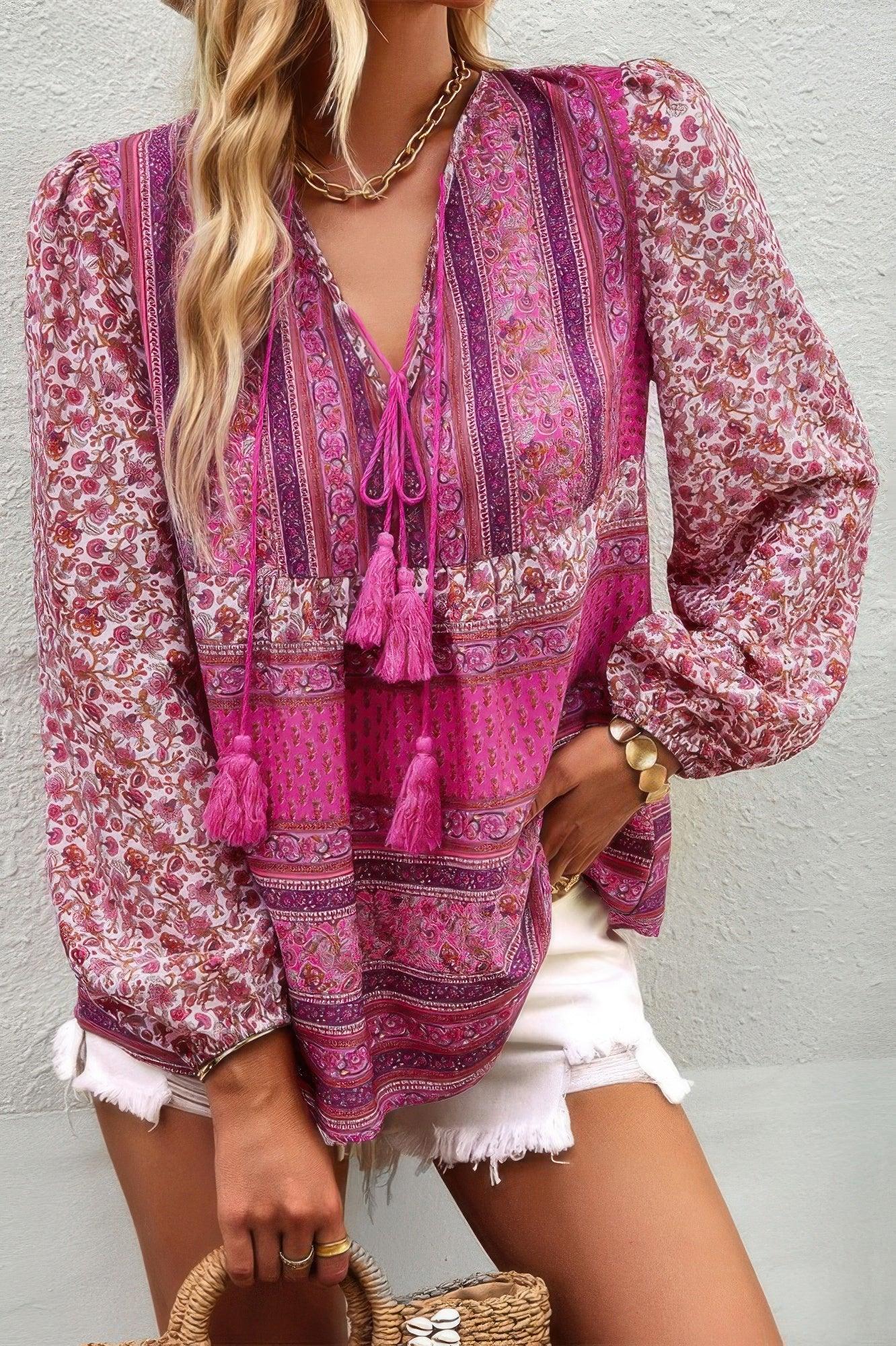 Tie Neck Boho Floral Tunics Long Sleeve Shirt | Mixtshop LLC
