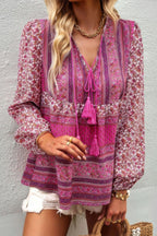 Tie Neck Boho Floral Tunics Long Sleeve Shirt | Mixtshop LLC