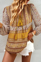 Tie Neck Boho Floral Tunics Long Sleeve Shirt | Mixtshop LLC