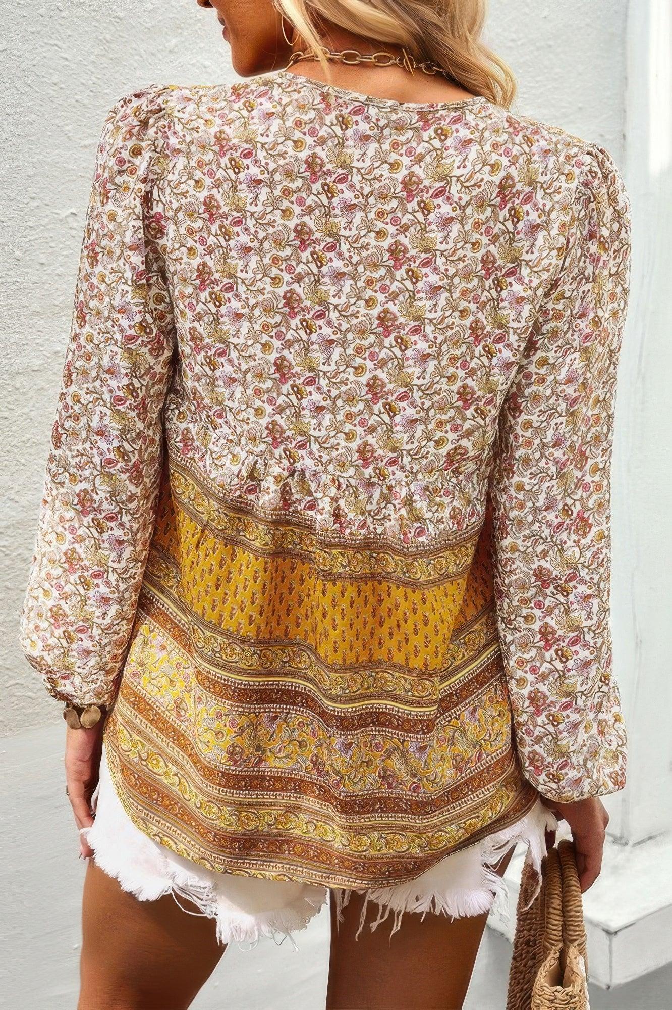 Tie Neck Boho Floral Tunics Long Sleeve Shirt | Mixtshop LLC