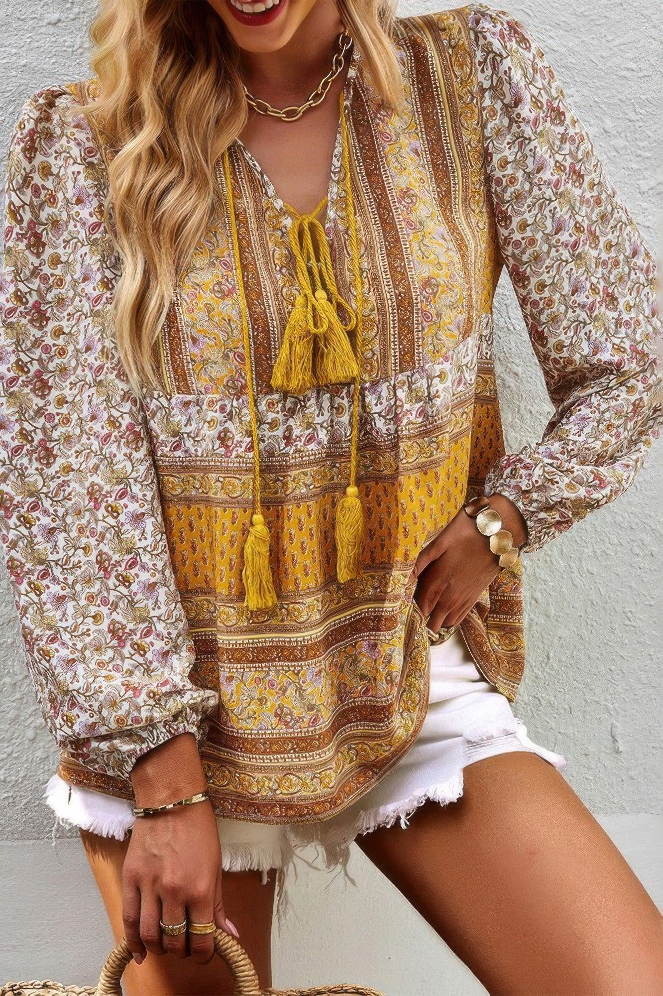 Tie Neck Boho Floral Tunics Long Sleeve Shirt | Mixtshop LLC