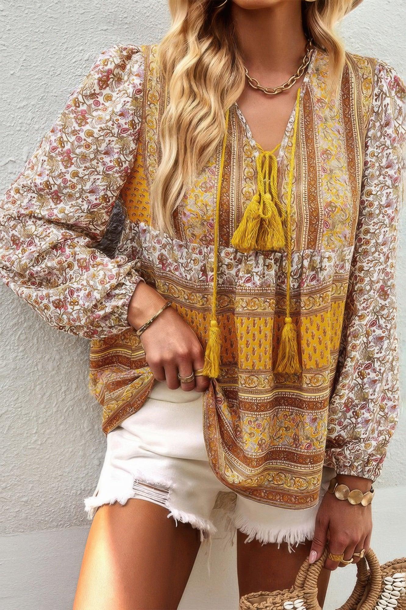 Tie Neck Boho Floral Tunics Long Sleeve Shirt | Mixtshop LLC