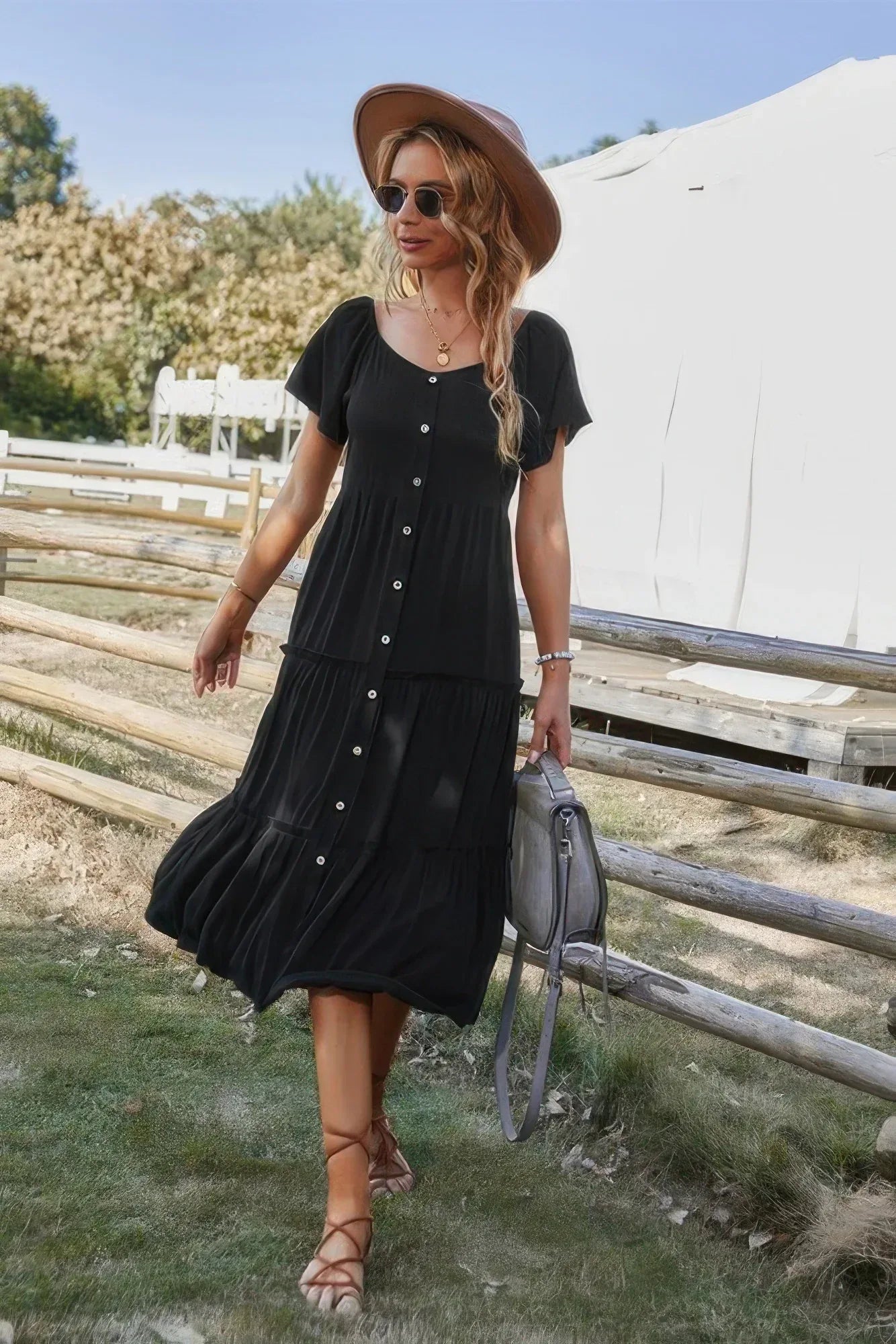 Button V Neck Tiered Short Sleeve Midi Dress | Mixtshop LLC Main image