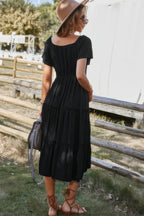 Button V Neck Tiered Short Sleeve Midi Dress | Mixtshop LLC