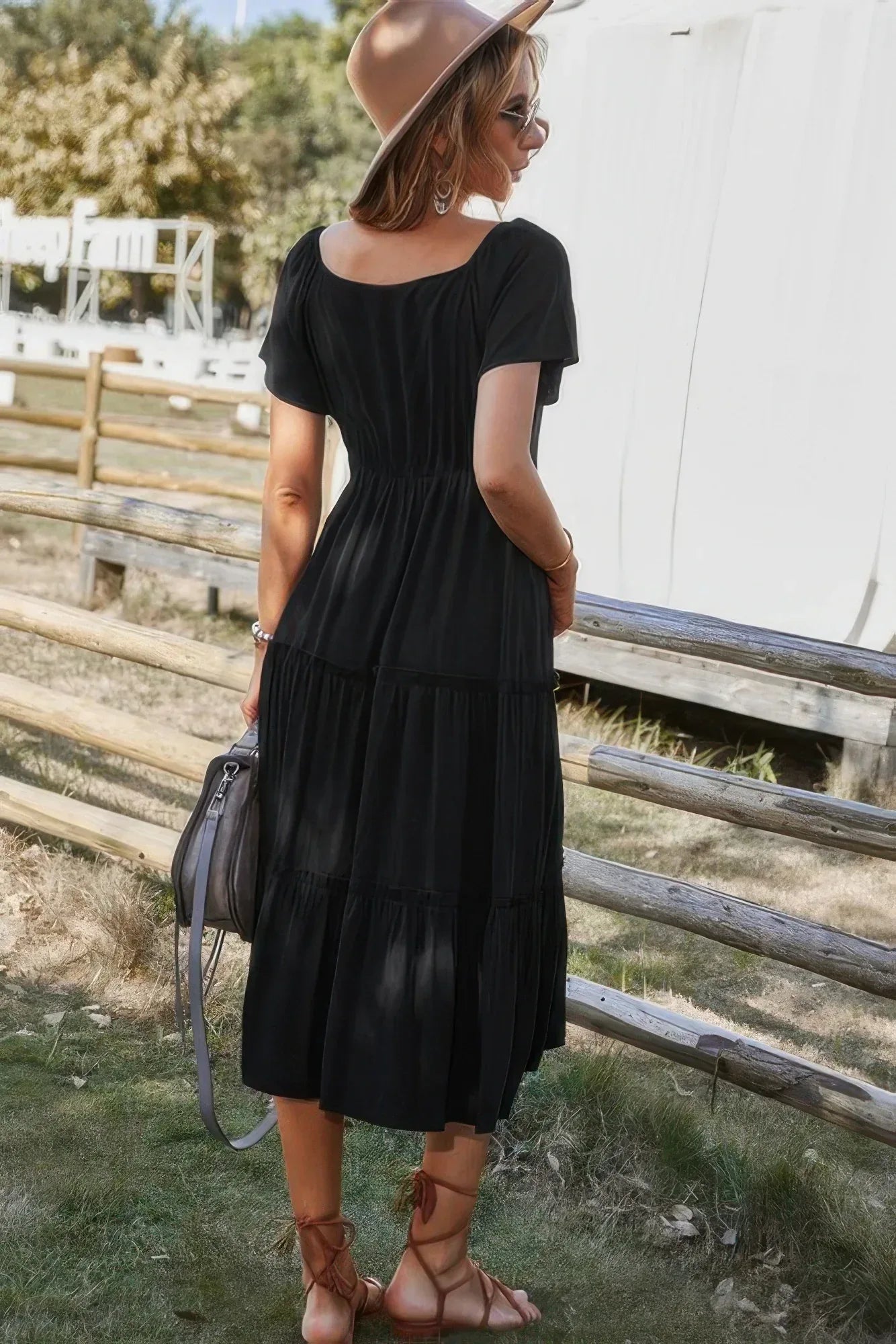 Button V Neck Tiered Short Sleeve Midi Dress | Mixtshop LLC