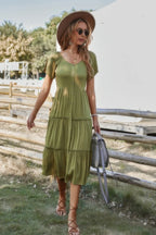 Button V Neck Tiered Short Sleeve Midi Dress | Mixtshop LLC