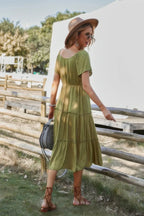 Button V Neck Tiered Short Sleeve Midi Dress | Mixtshop LLC