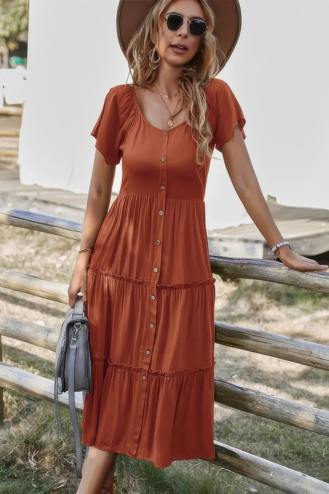 Button V Neck Tiered Short Sleeve Midi Dress | Mixtshop LLC