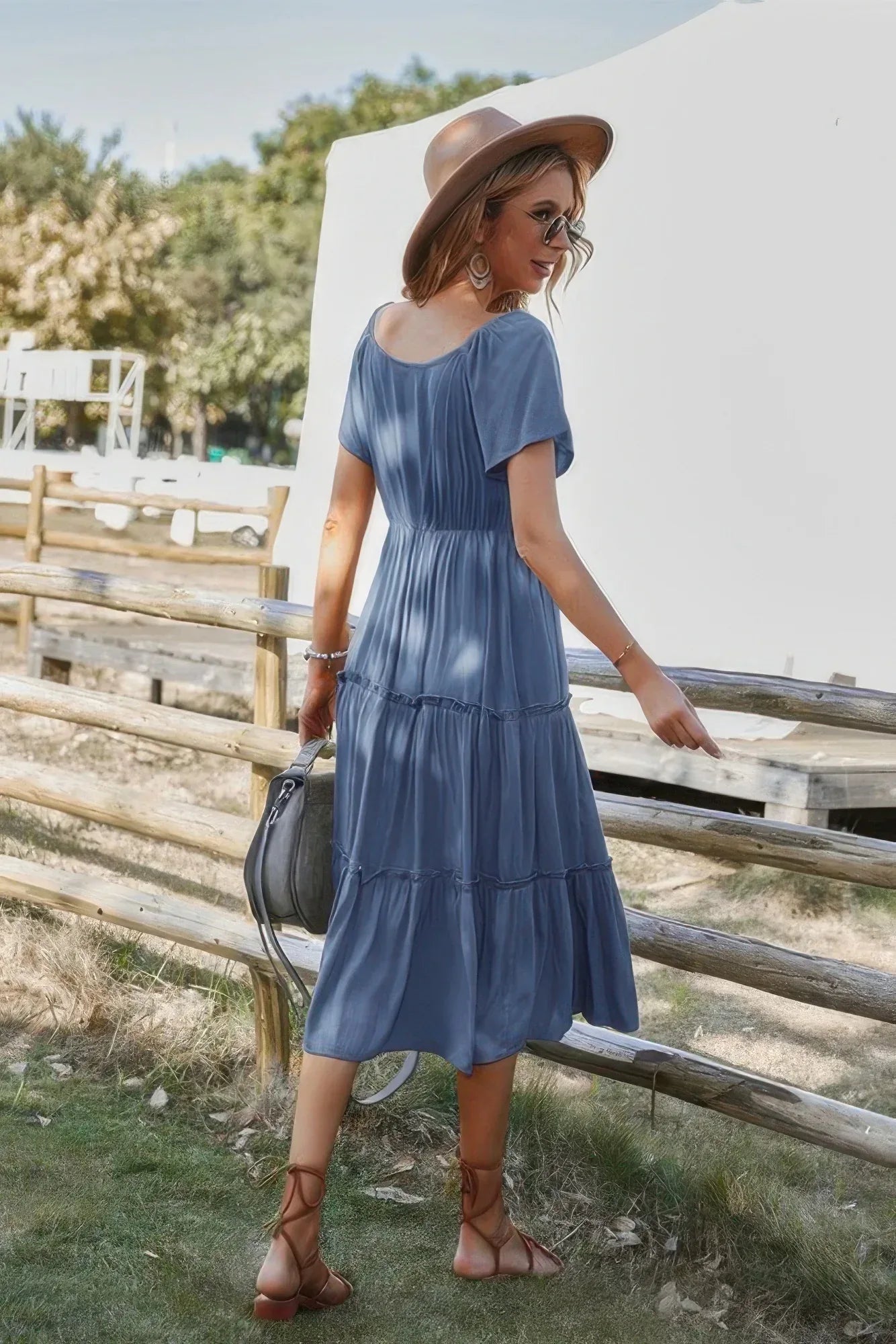 Button V Neck Tiered Short Sleeve Midi Dress | Mixtshop LLC