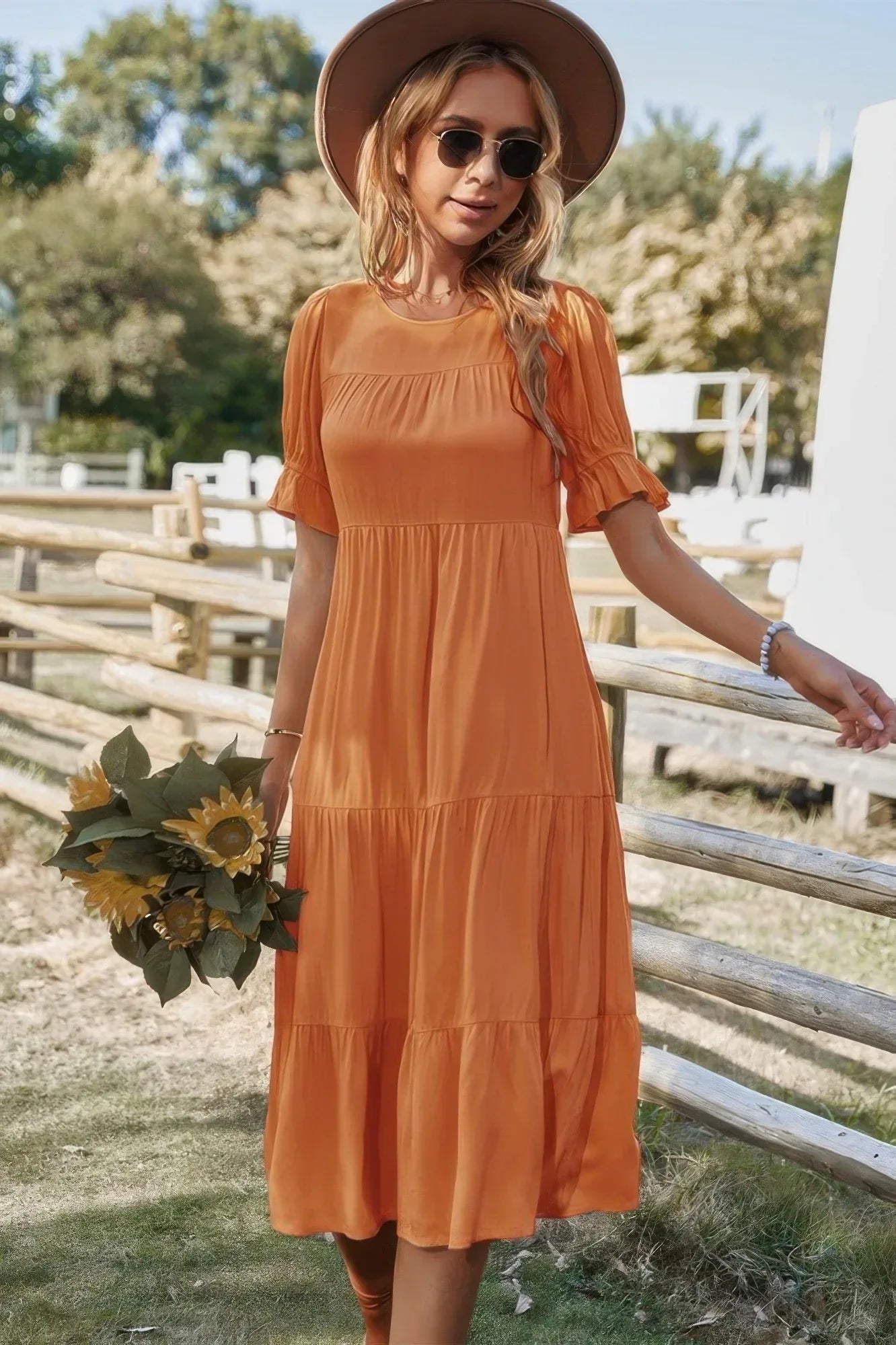Flowy Pleated Short Sleeve Solid Midi Dress | Mixtshop LLC Main image