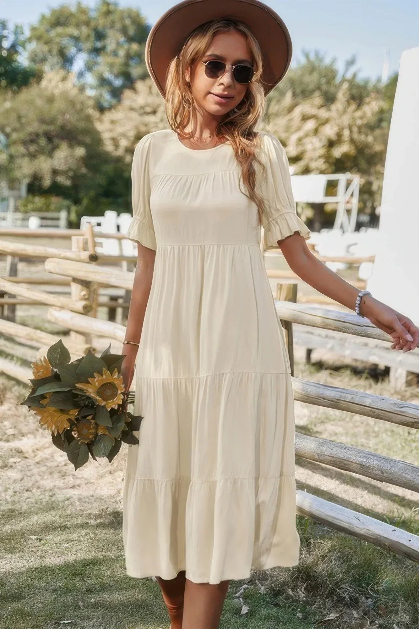 Flowy Pleated Short Sleeve Solid Midi Dress | Mixtshop LLC