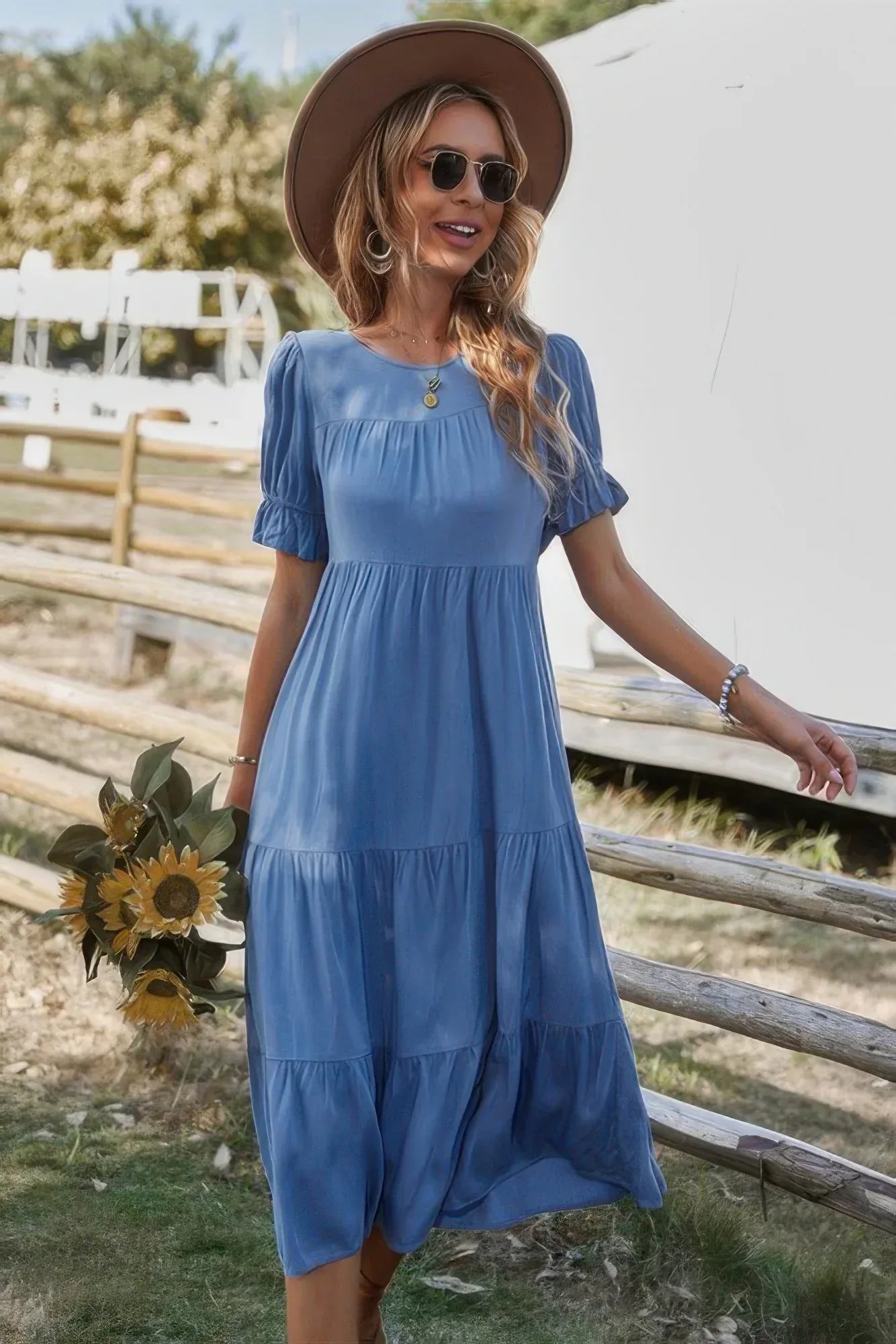 Flowy Pleated Short Sleeve Solid Midi Dress | Mixtshop LLC