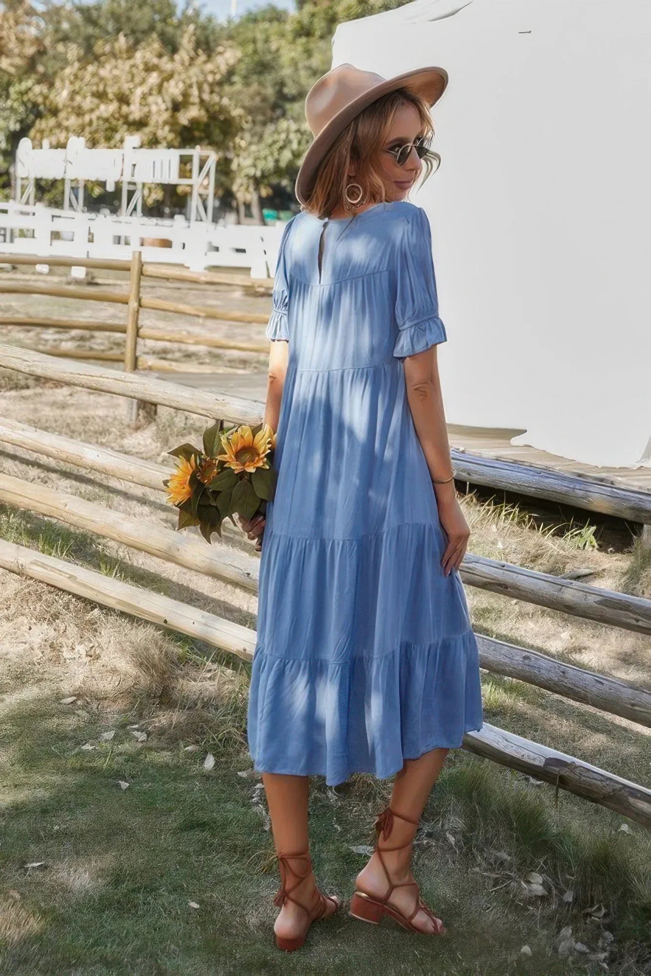 Flowy Pleated Short Sleeve Solid Midi Dress | Mixtshop LLC
