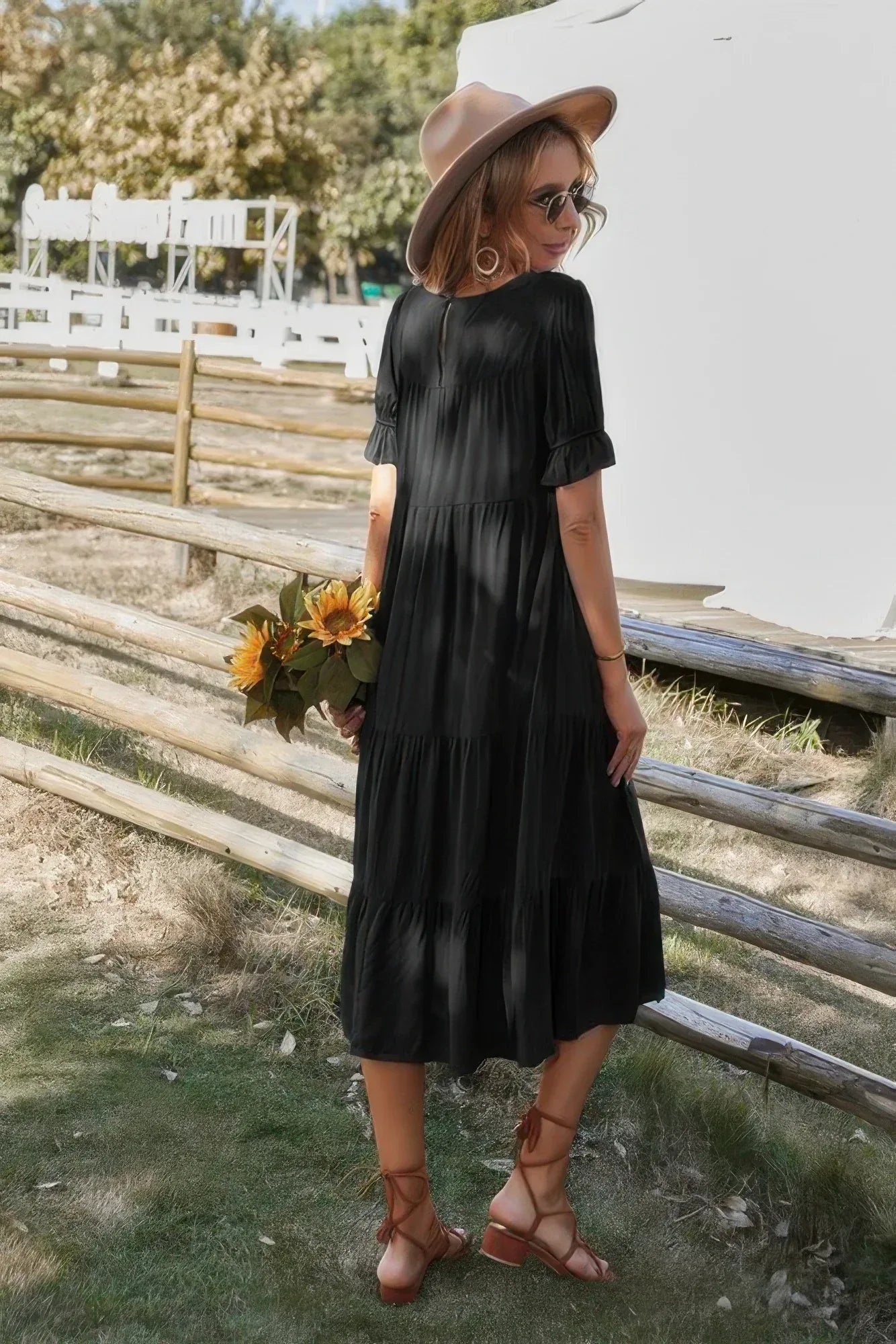 Flowy Pleated Short Sleeve Solid Midi Dress | Mixtshop LLC