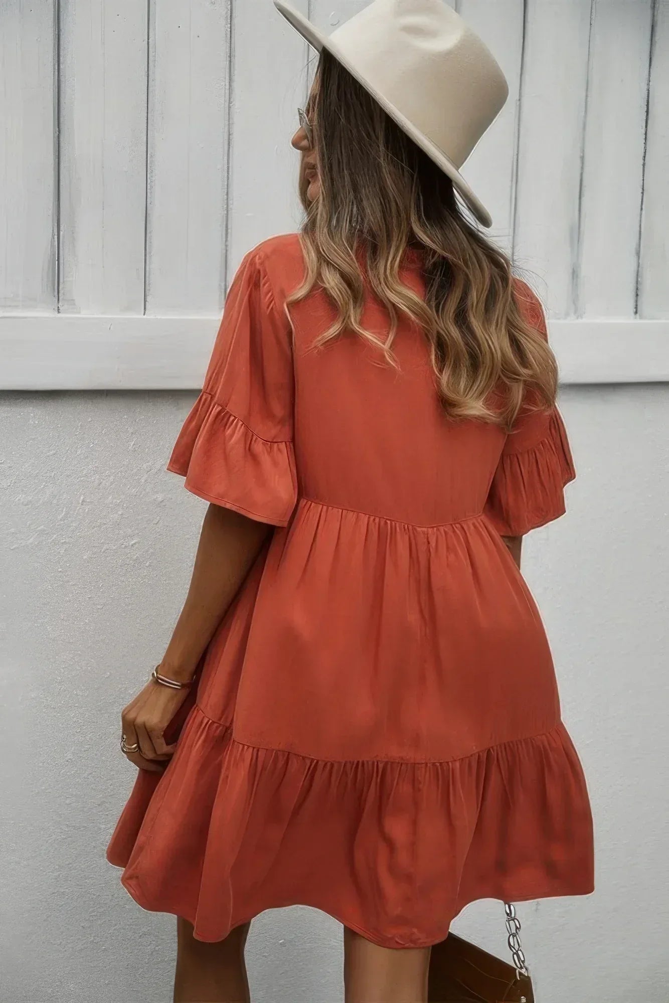 V Neck Flounce Sleeve Ruffle Hem Tie Neck Dress Secondary image