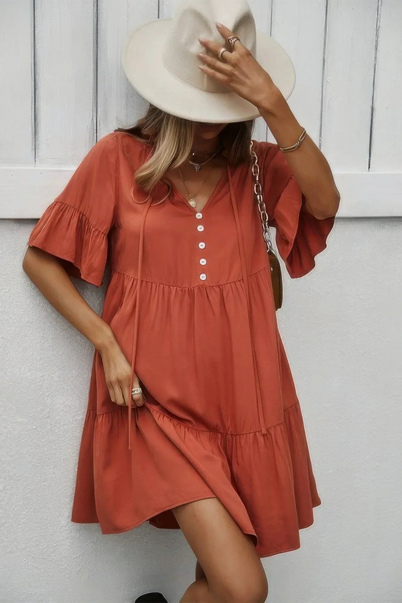 V Neck Flounce Sleeve Ruffle Hem Tie Neck Dress | Mixtshop LLC