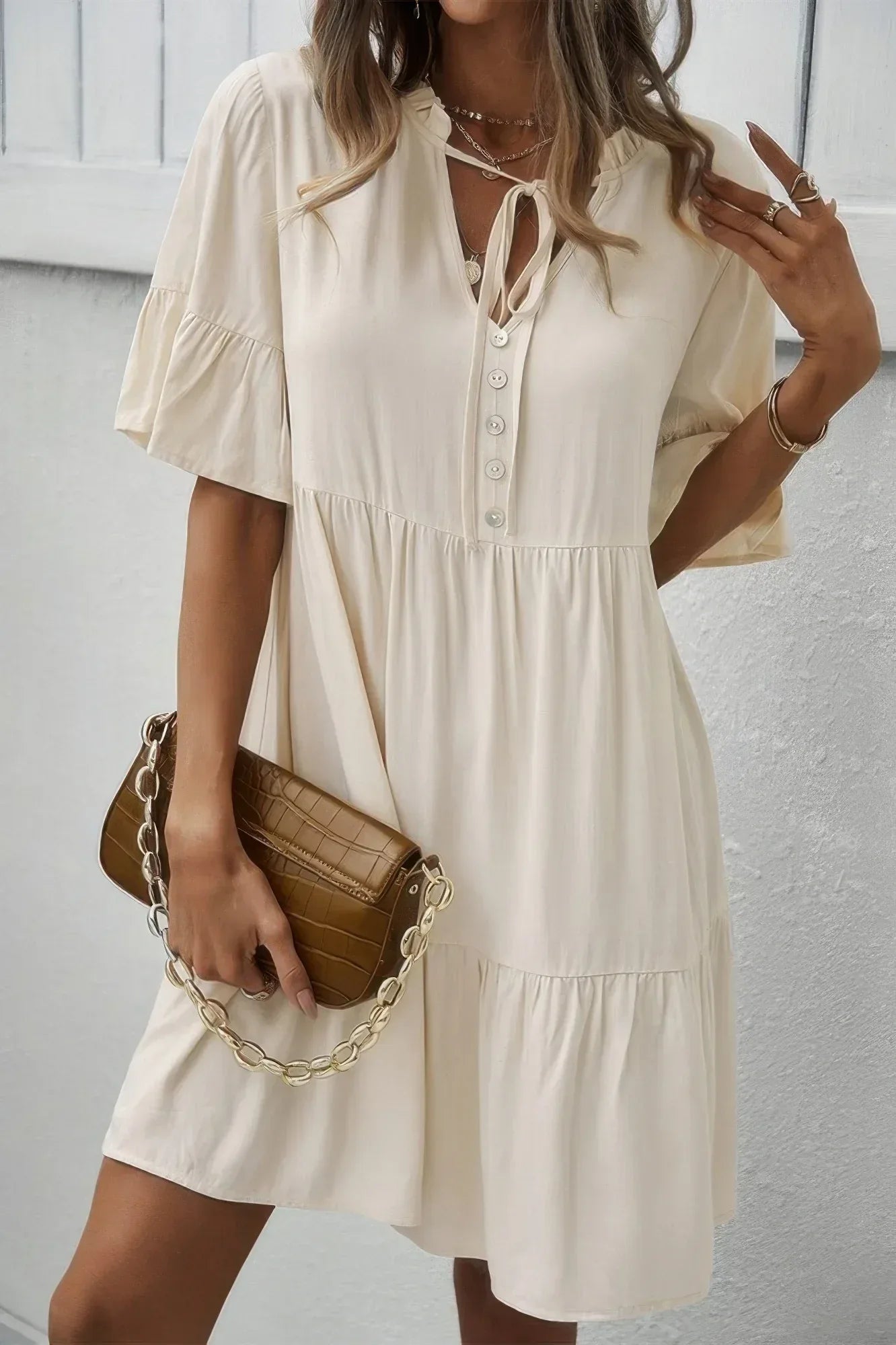 V Neck Flounce Sleeve Ruffle Hem Tie Neck Dress | Mixtshop LLC