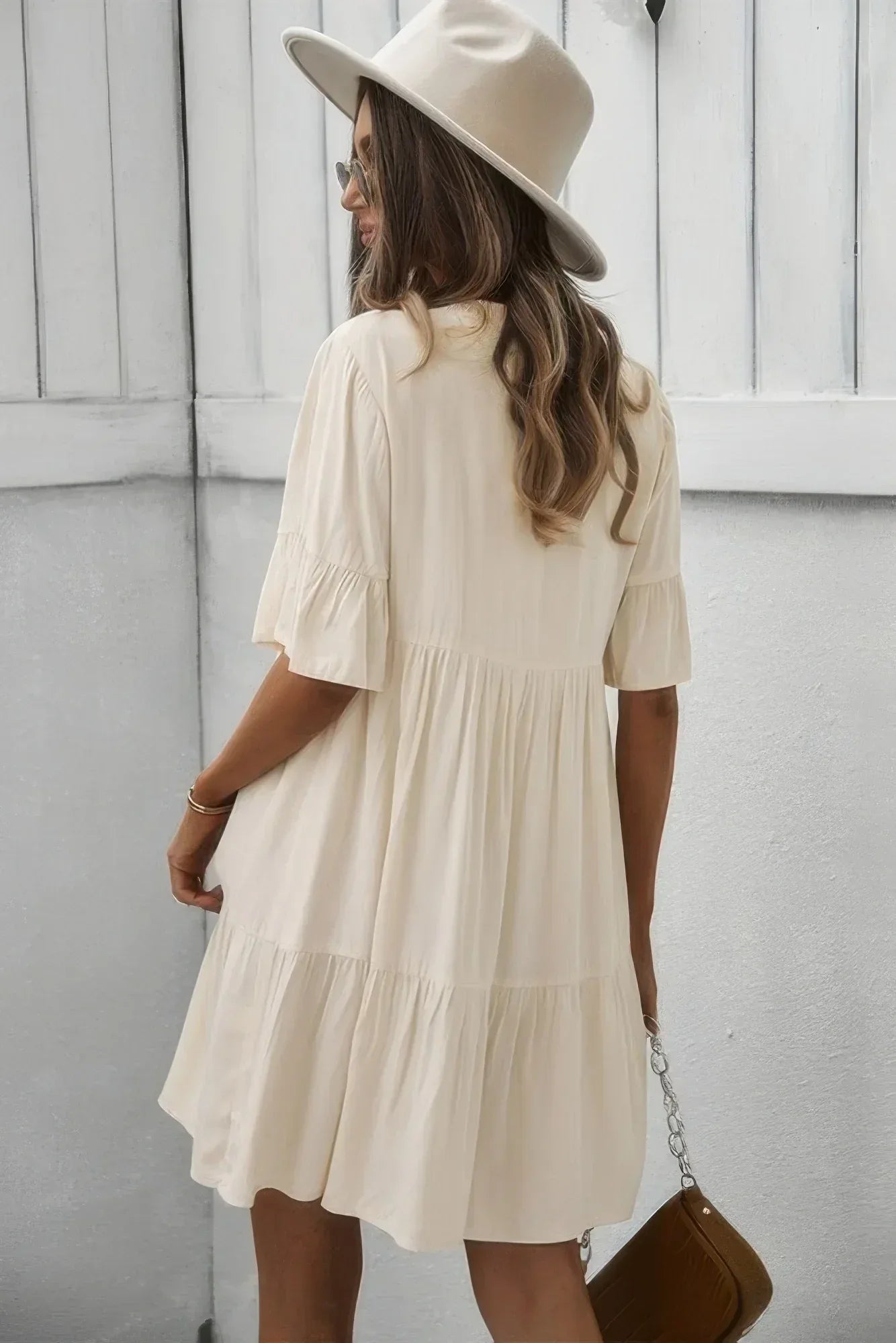V Neck Flounce Sleeve Ruffle Hem Tie Neck Dress | Mixtshop LLC
