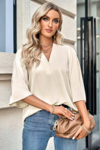 Solid V Neck Satin High Low Hem Blouse | Mixtshop LLC
