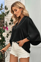 Solid V Neck Satin High Low Hem Blouse | Mixtshop LLC